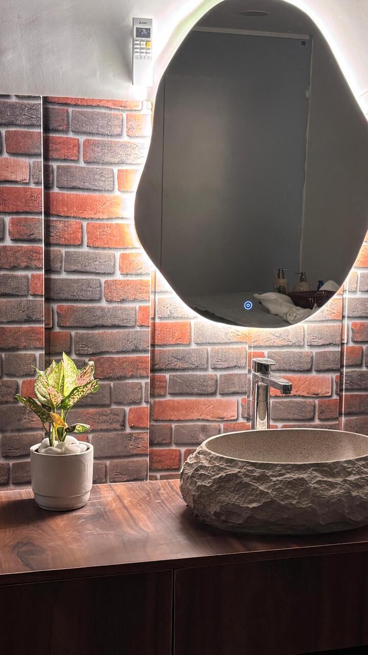 The money-plant bathroom: a stone basin under a backlit mirror against the brick wall